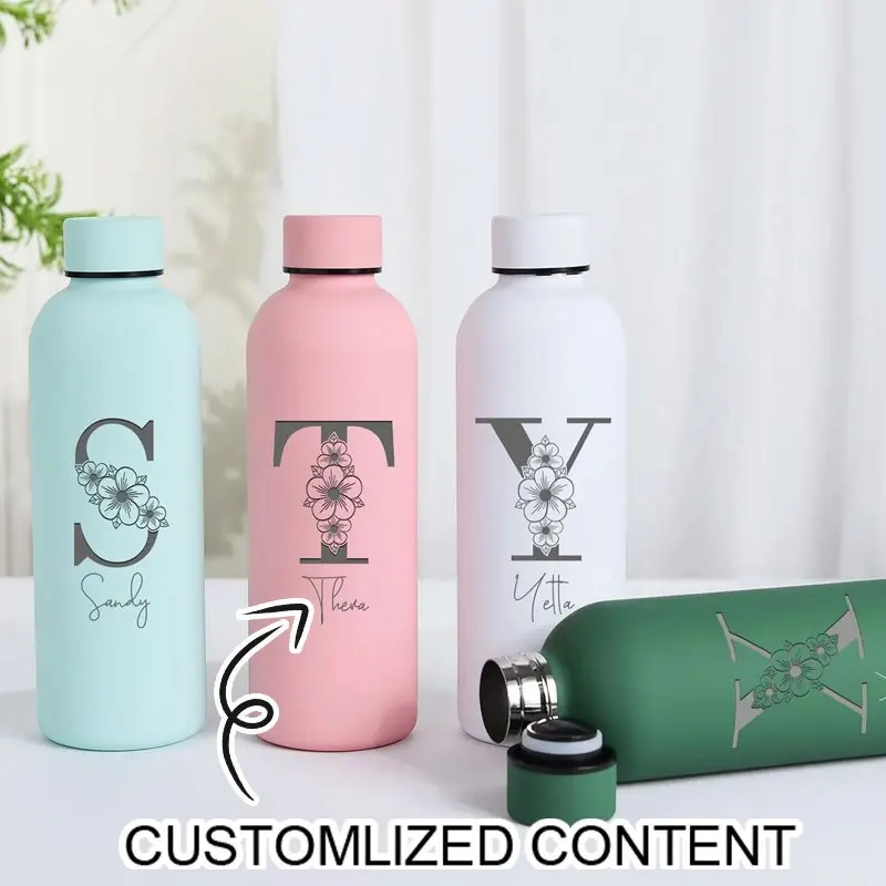 Personalized Floral Initial Water Bottle Custom Name Stainless Steel Insulated Tumbler Matte Drink Cup Bridesmaid Birthday Gifts