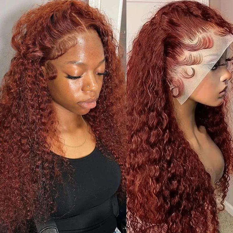 

Парик из бразильских натуральных волос, 250% плотности, с эффектом волнистых прядей, 13x4 HD, прозрачный кружевной фронтальный парик, красновато-коричневый, глубокая волна