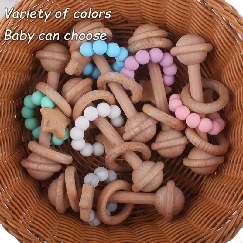 Q22d طفل خشبي حشرجة الموت هز لعبة سيليكون حبات teether حلقة استيعاب ألعاب التسنين للأطفال الصغار الصغار الفتيان