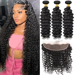 Tissage en Lot Brésilien avec Extensions de Cheveux Naturels Ondulés, 13x4 HD, pour Femme, Lot de 3