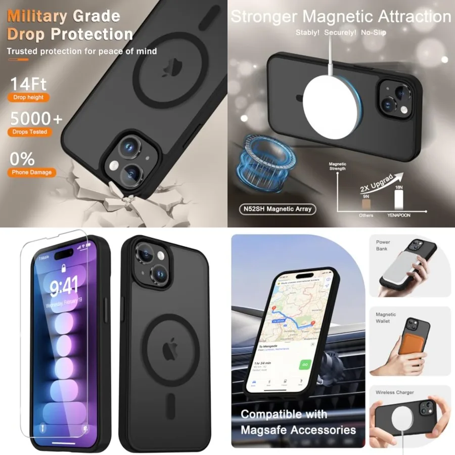 

for iPhone 15 Case, iPhone 14/13 Case, Matte Magnetic Phone Cover [with 1 Screen Protector] [Support for MagSafe] [Shockproof M