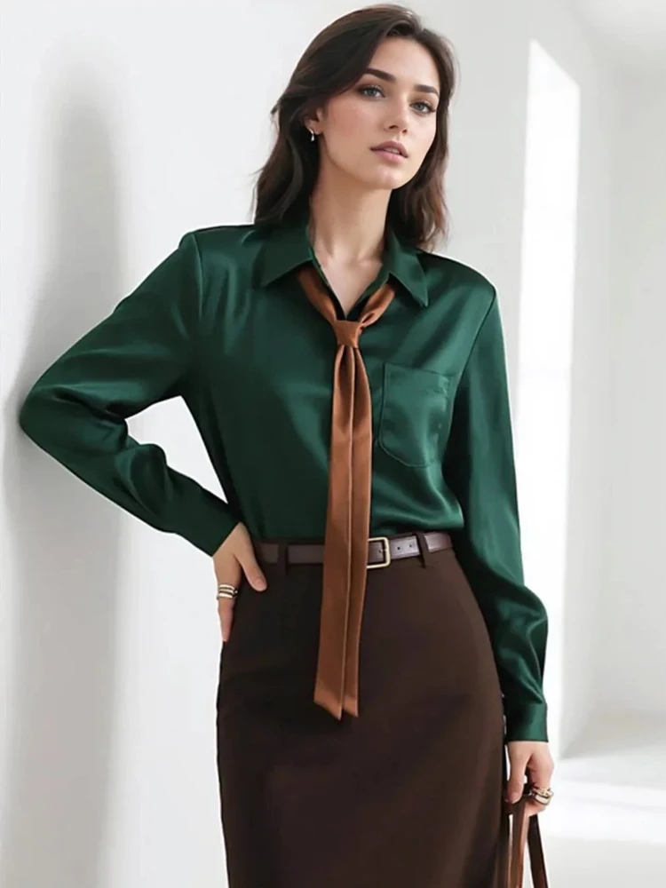 Nowa damska satynowa bluzka z wiązaniem przy szyi, długi rękaw, elegancka koszula do pracy biurowej, formalna koszula dla bizneswoman, 2025
