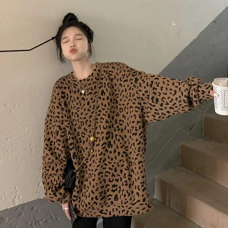 Autumn And Winter Leopard Print Women's Sweatshirts  Designer  Streetwear Casual Matching  Female Pullover Top