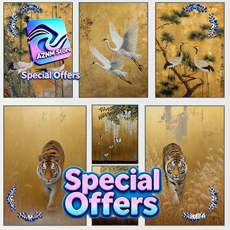 Antiker Stil Kranich Tiger Schmetterling Gold Japandi Kunstdruck Fliegende Vögel Leinwandgemälde Abstrakte Kunst Deko Wandkunst Schlafzimmer G