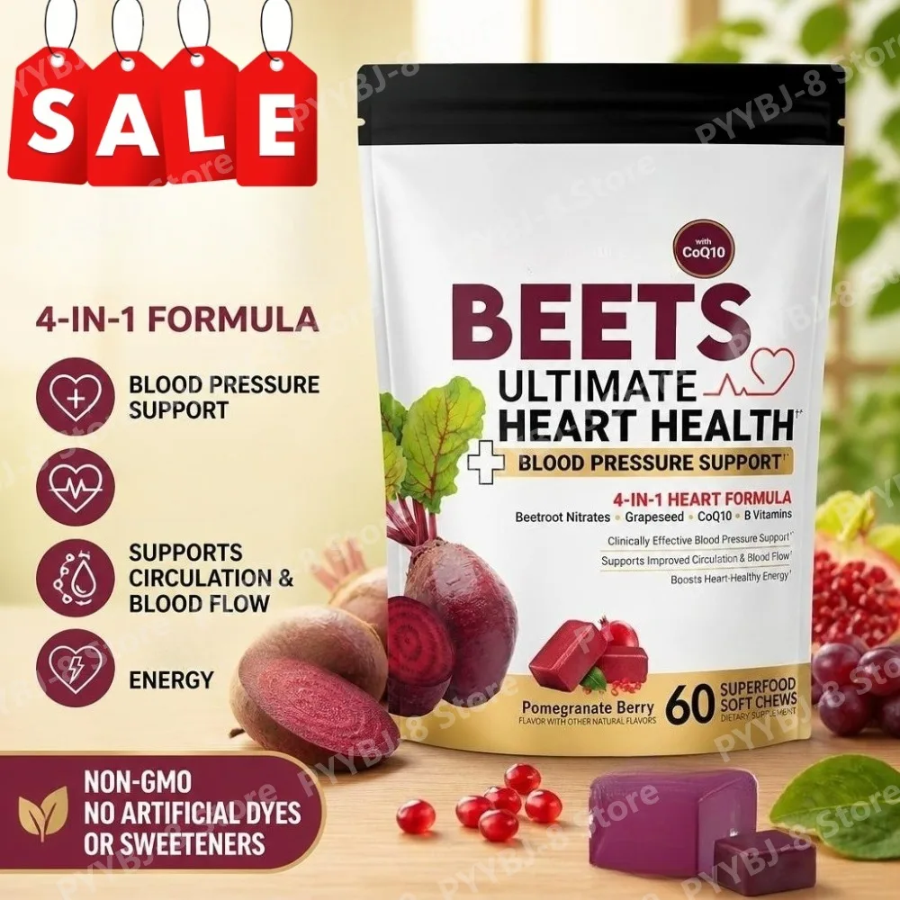 Beets Root Soft Chews with Grape Extract CoQ10 and Beet Nitrates, Blood Pressure Support, 60 Soft Chews Pomegranate Berry