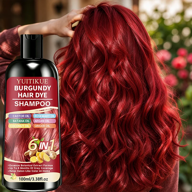 YUITIKUE 6 in 1 Burgundy Hair Coloring Shampoo 100ml - Lock in Color, Nourish & Shine with 6 Essential Oils Blend