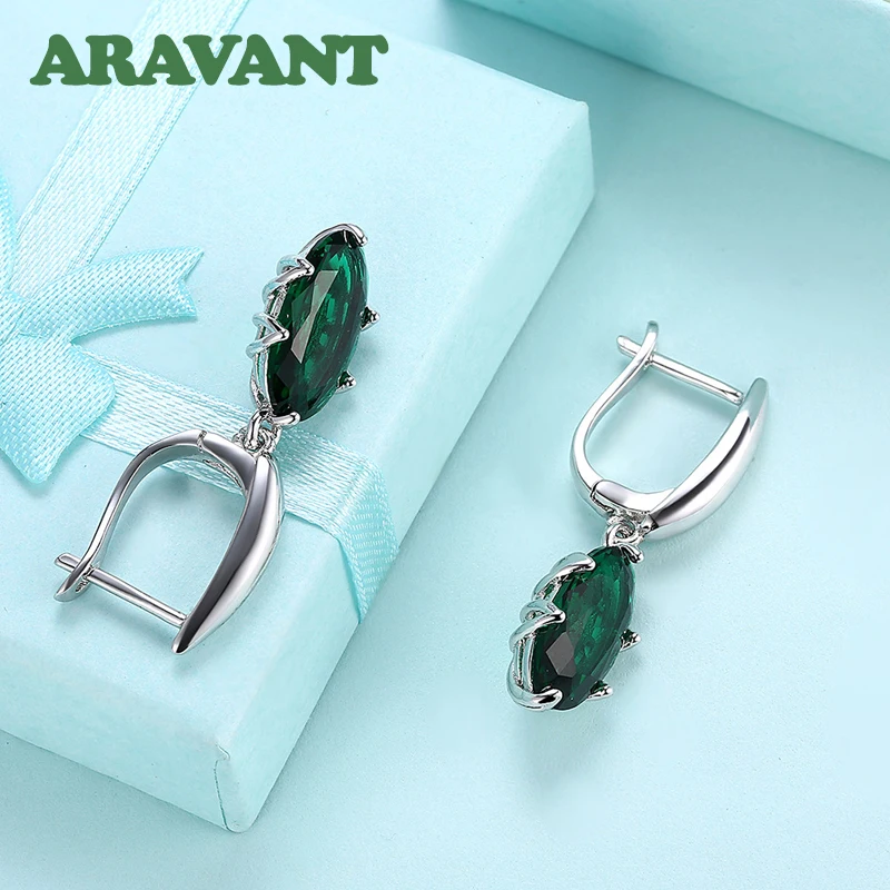 Aravant 925 Silver Oval Green Zircon Drop Earring For Women Fashion Wedding Jewelry