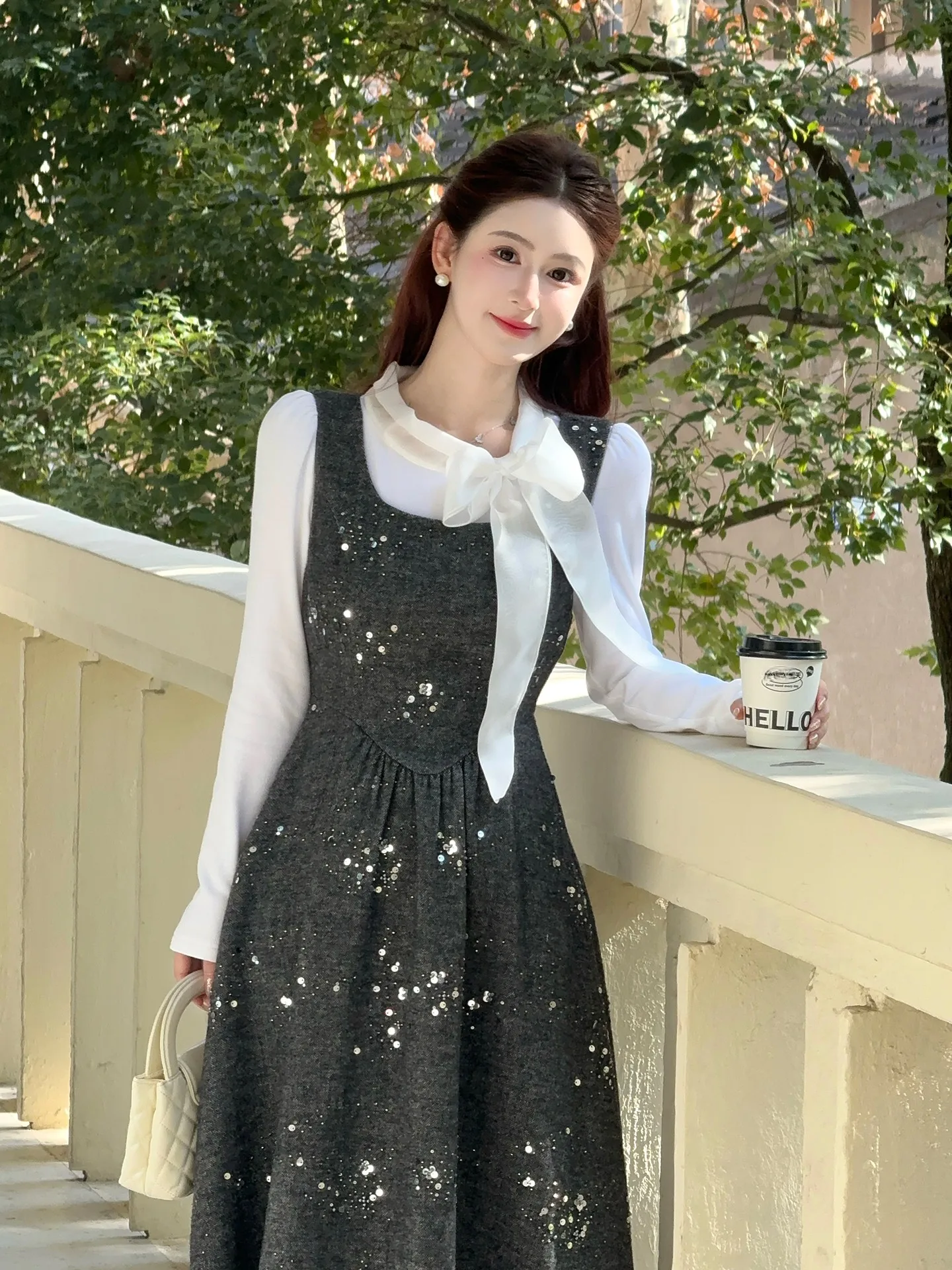 

LILI Moonlight Ball Set Ele Misses Sle Two-Piece Suit Spring Collection Long Sve Knit Top with Vest And Skirt