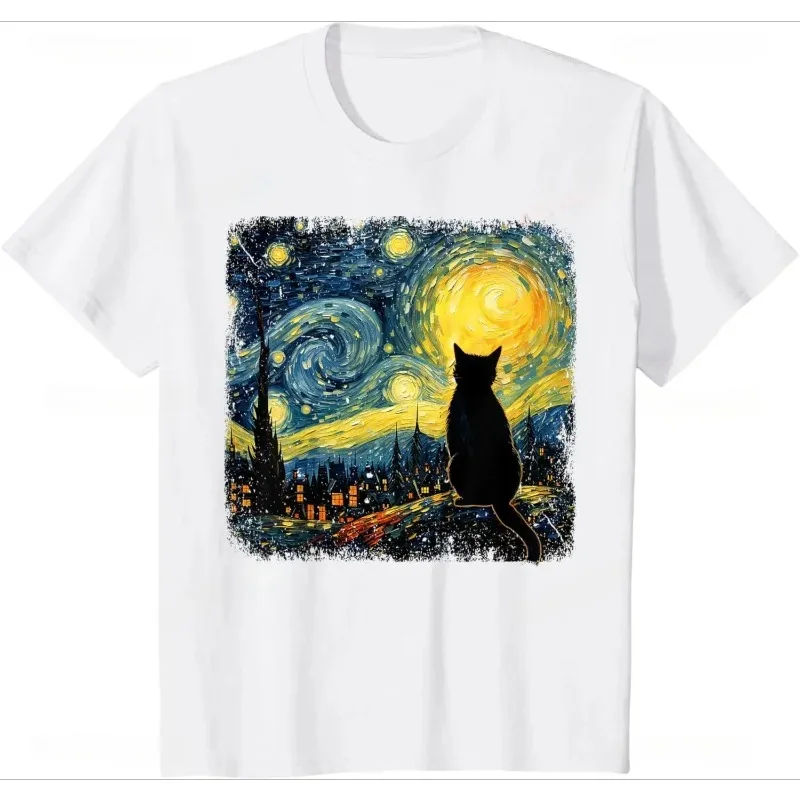 Cat Starry Night Van Gogh Cat Love Cat T-shirt Casual Fashion Street Dress Loose Summer Style Women's T-shirt Cute