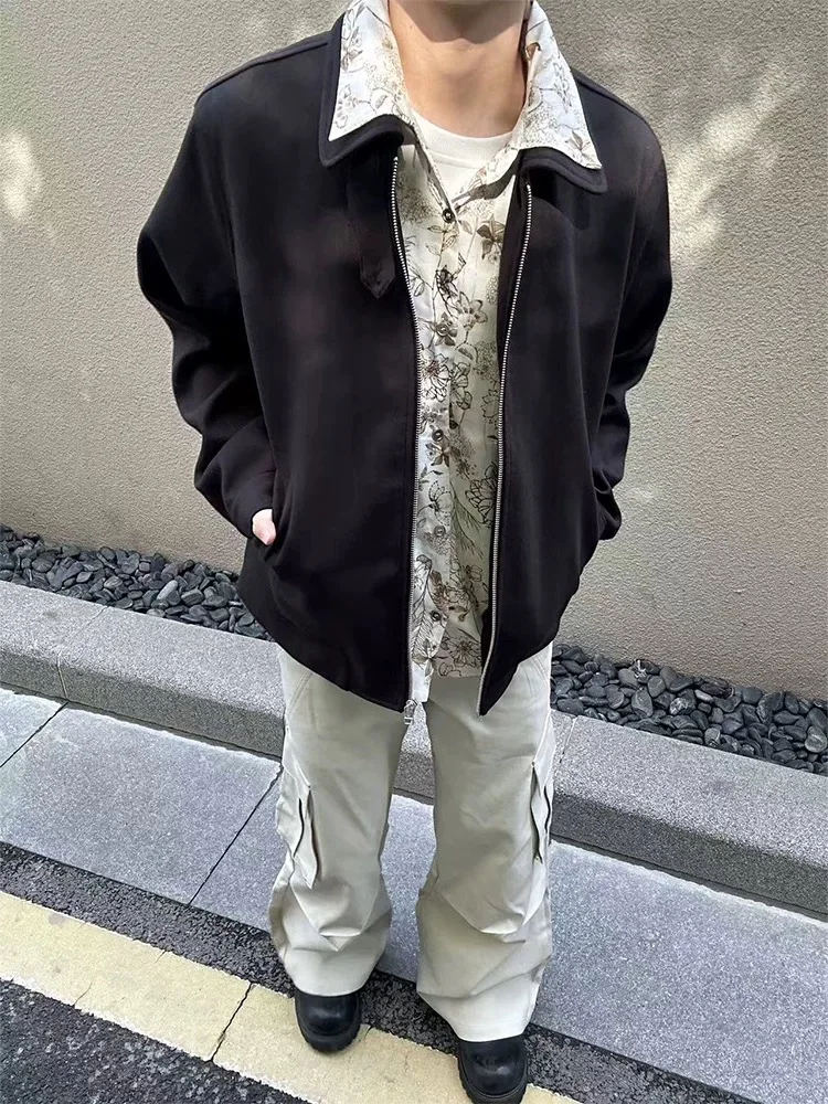 

American Retro Floral Jaet Zipper Cleanfit Autumn Winter Casual Design Men's Sle Fake Two-Piece Coat Loose Fit Straight Hem