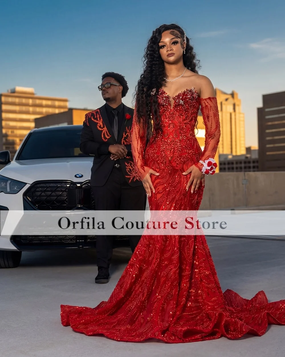 Black Girls Mermaid Prom Dresses 2026 Red Sequin Beading Mermaid Party Gowns Off Shoulder Evening Dress Customized