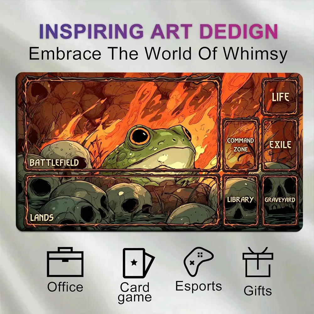 Flame Frog Skull TCG Playmat With Zones, MTG Commander Game Mat Battlefield Lands Graveyard Exile Library Life Zone