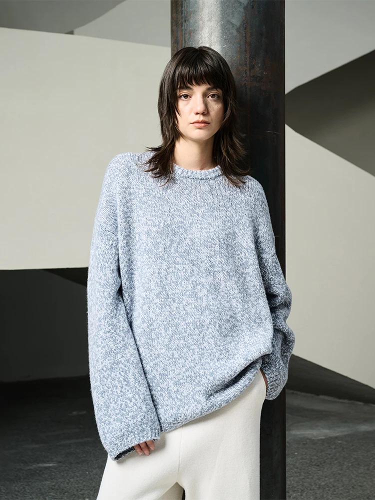 

Ayuko Heavyweight Texture Double Layer round Ne Loose oulder Knitted Sweater Floral Silk Casual Sle Women's Wool Blend ...