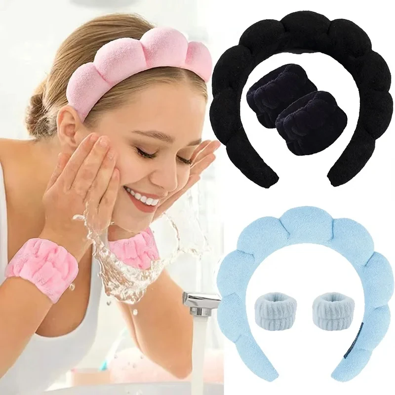 3Pcs Stylish Washing Headband Set Wristbands Scrunchies Spa Bubble Headband for Washing Face Makeup Shower Skincare