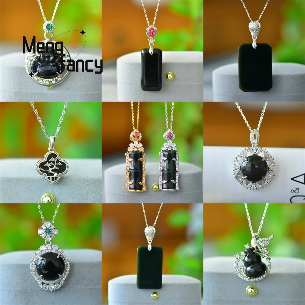 Copper Inlay Natural Hetian Black Jade Maitreya Buddha Gourd Bamboo Joint Pendant Exquisite Fashion Jewelry Popular Holiday Gift