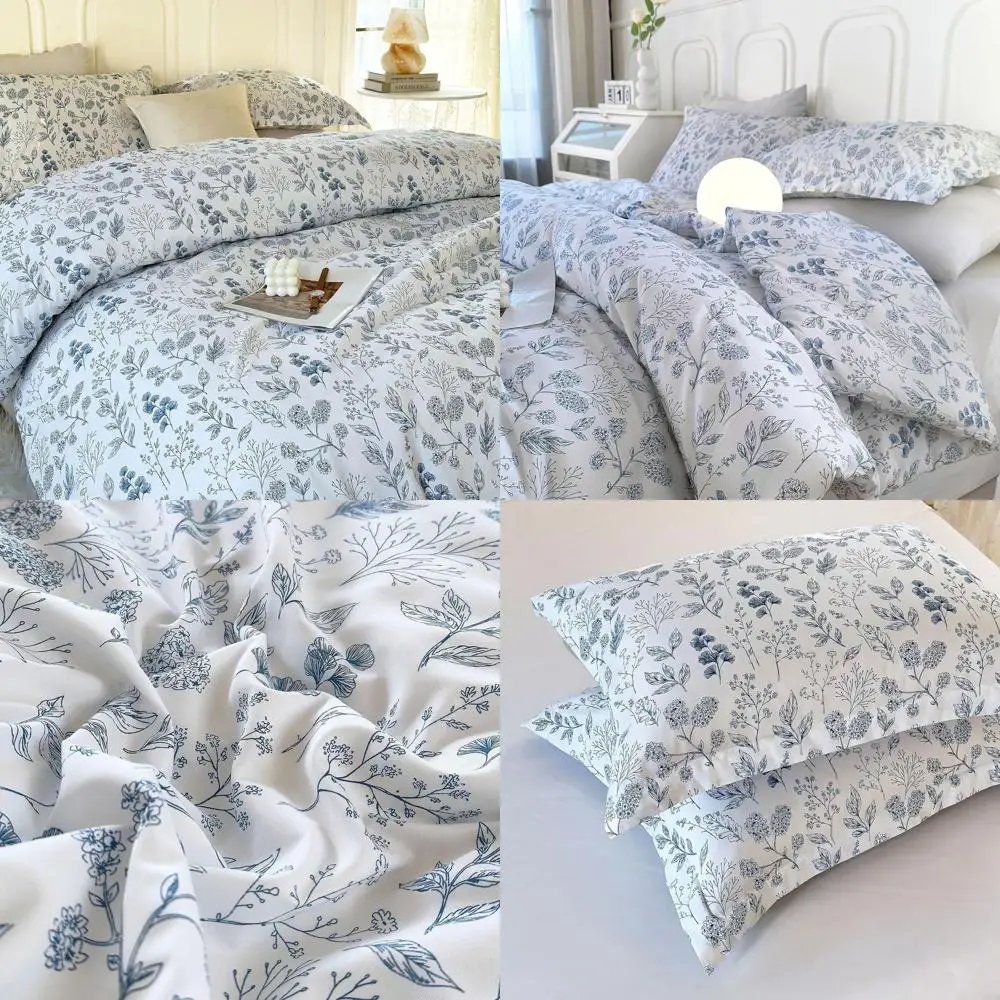 Бело-синий комплект одеял из трех предметов с цветочным принтом для женщин: винтажное садовое постельное белье из мягкой микрофибры с наволочками