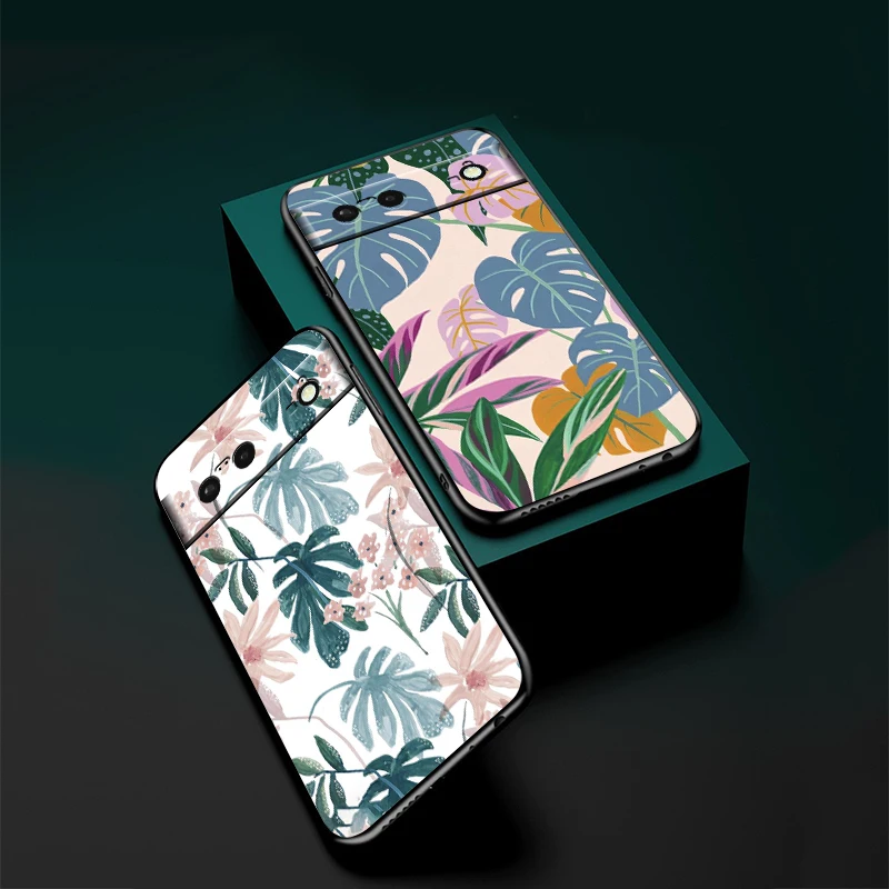 Vintage Flower Leaves For Google Pixel 8 7A 7 6A 6 5A 5 4 4A XL 5G Black Silicon Shockproof Shell Back Phone Case