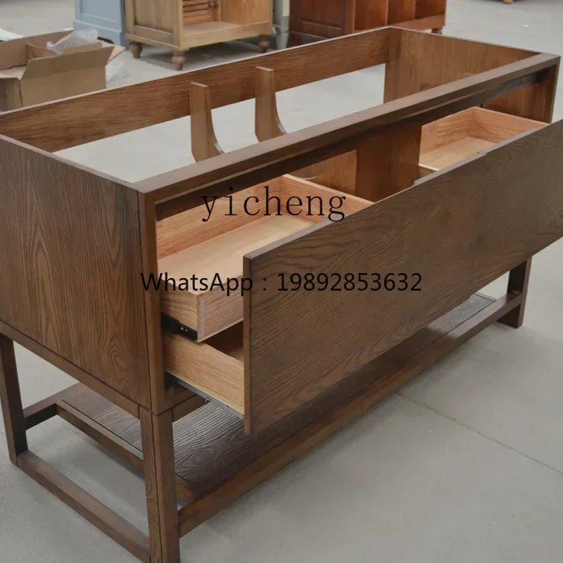 American solid wood bathroom cabinet combination floor rock slab ceramic integrated basin toilet washstand