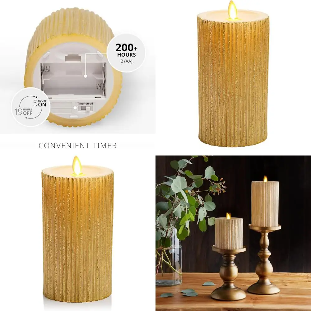 

Metallic Emed Pillar Candle, Champagne Color, 3.25 x 6.5, Battery-Powered with Timer Function, Paraffin Wax