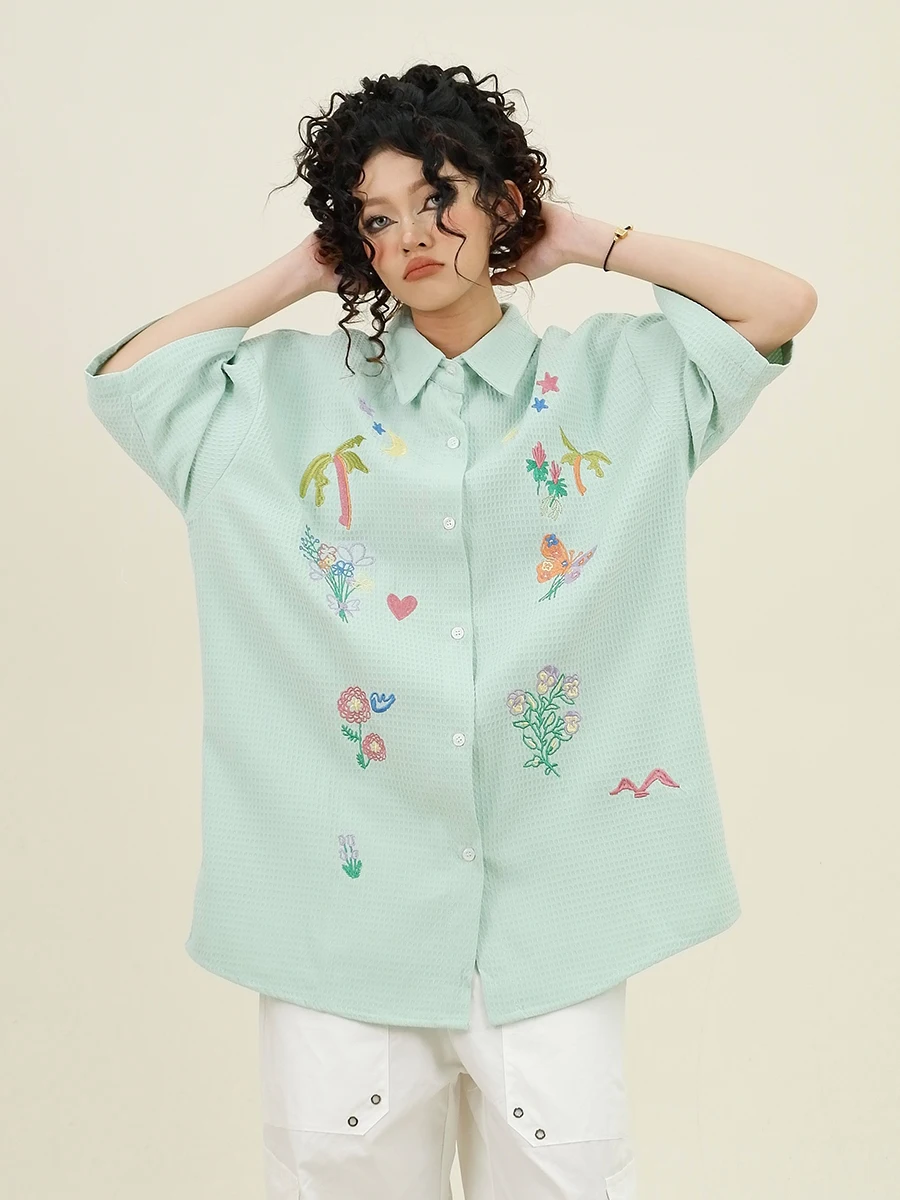 Dopamine flower embroidered short-sleeved shirt women's 2024 summer new loose bf waffle top trendy