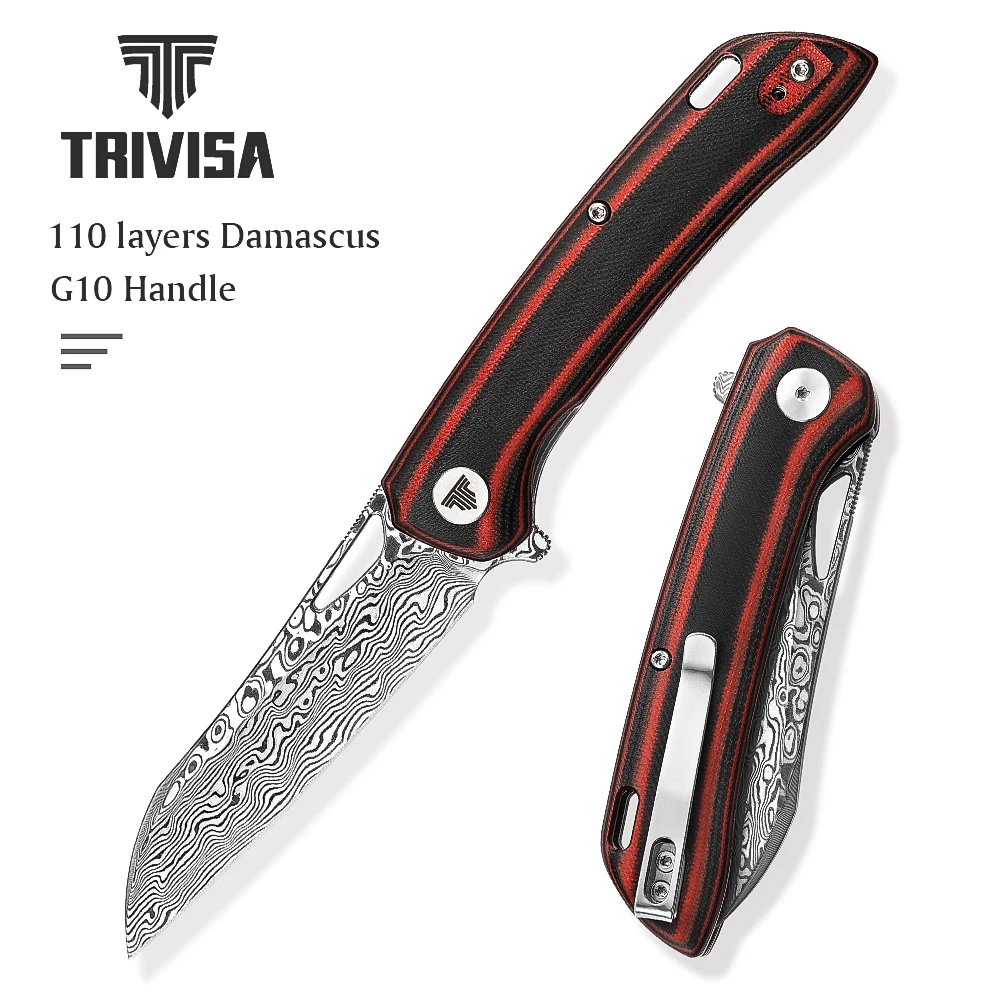 

TRIVISA EDC Pocket Folding Knife with Clip for Men,3.54" Damascus Steel Sheepsfoot Blade Camping Knives &G10 Handle,Outdoor Tool