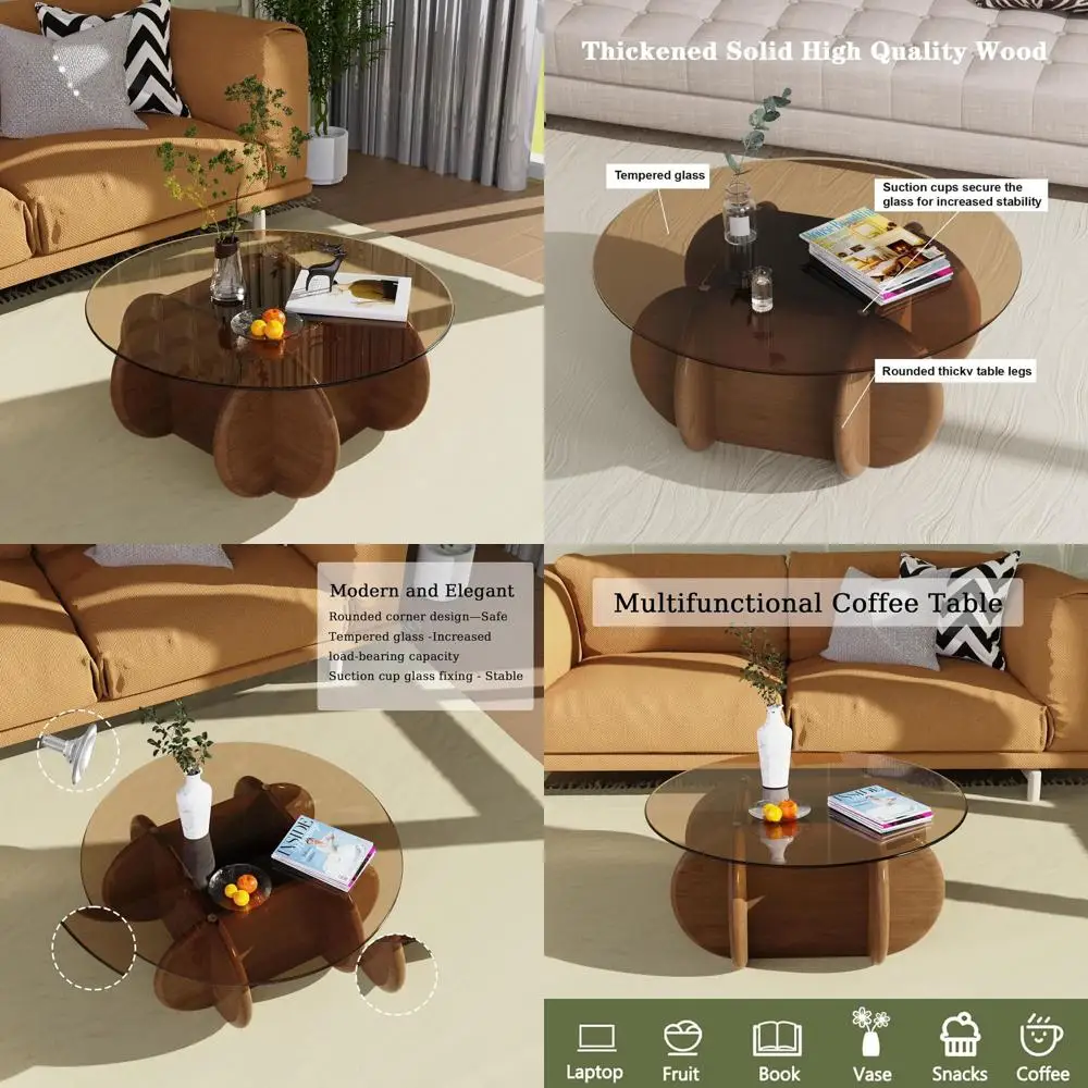 

Modern Elegant Glass Top Coffee Table with Solid Wood Legs for Living Room, Small Spaces & Office