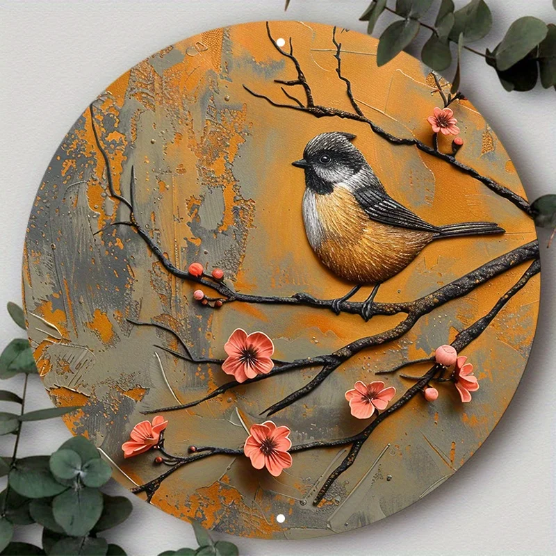 

Aluminum Metal Sign: 2D Flat Circular Wreath Logo with Mockingbird and Cherry Blossoms - Home Decoration, for Various Scenarios