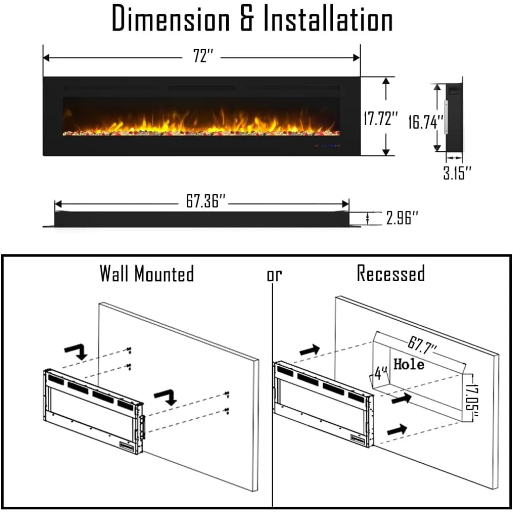 72-inch slanke elektrische wandhaard met verwarming, lineair design inbouwhaard