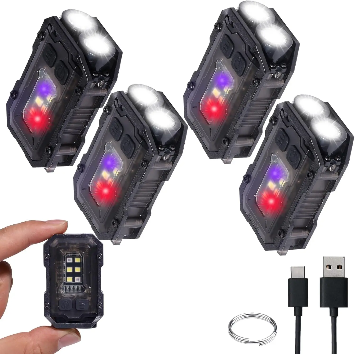 

Мини-брелок-фонарик из 4 штук с зажимом, перезаряжаемый через USB-C, боковой фонарь COB, 8 режимов для кемпинга, пеших прогулок, ночного использования