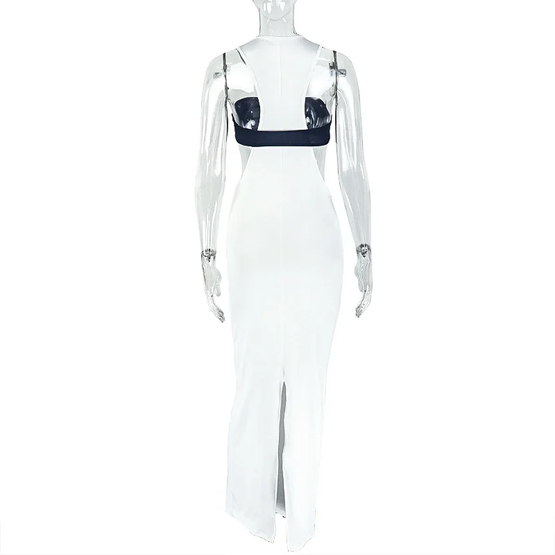 Color Patchwork Ribbon Halter Backless Bodycon Maxi Party Dress Women Sexy Strapless Hollow Out Split Slim Clubwear Long Robe