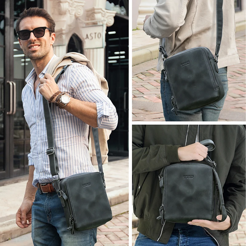 CONTACT\'S Vintage Men\'s Messenger Bag Crazy Horse Genuine Leather Shoulder Bags Brand Design Male Bag High Quality Travel Bolsos