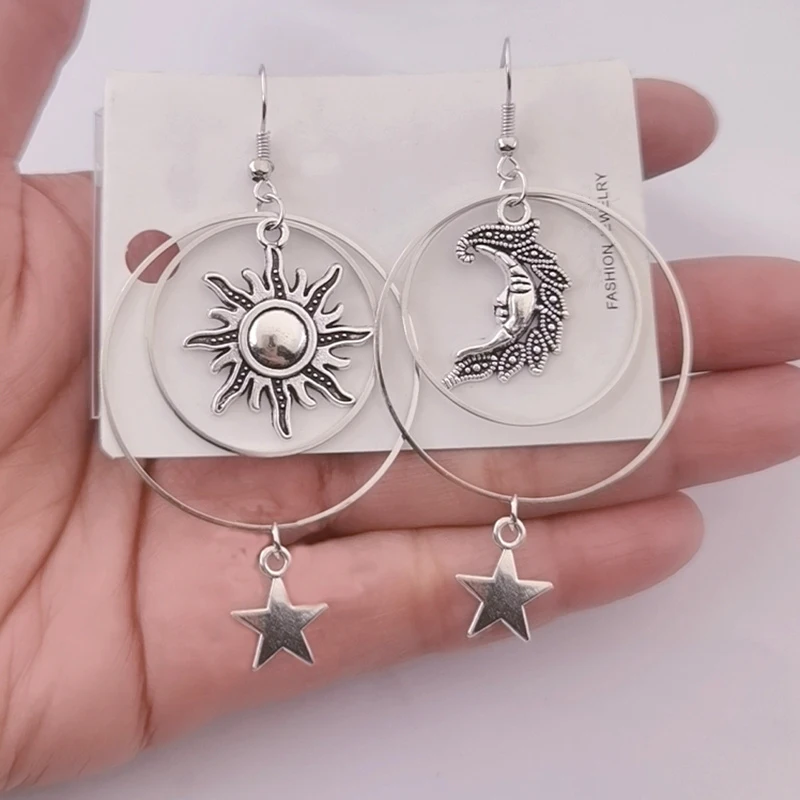 

Vintage Silver Sun Moon Star Dangle Earrings for Women, Bohemian Sun Moon Star Hoop Earrings