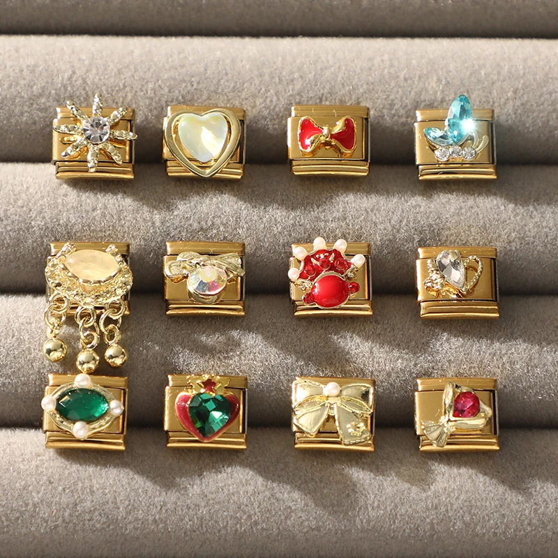 Zircon Green Heart Red Bow Knot Blue Butterfly Gold Color Italian Charm Links Fit 9mm Stainless Steel Bracelet DIY Making Gift