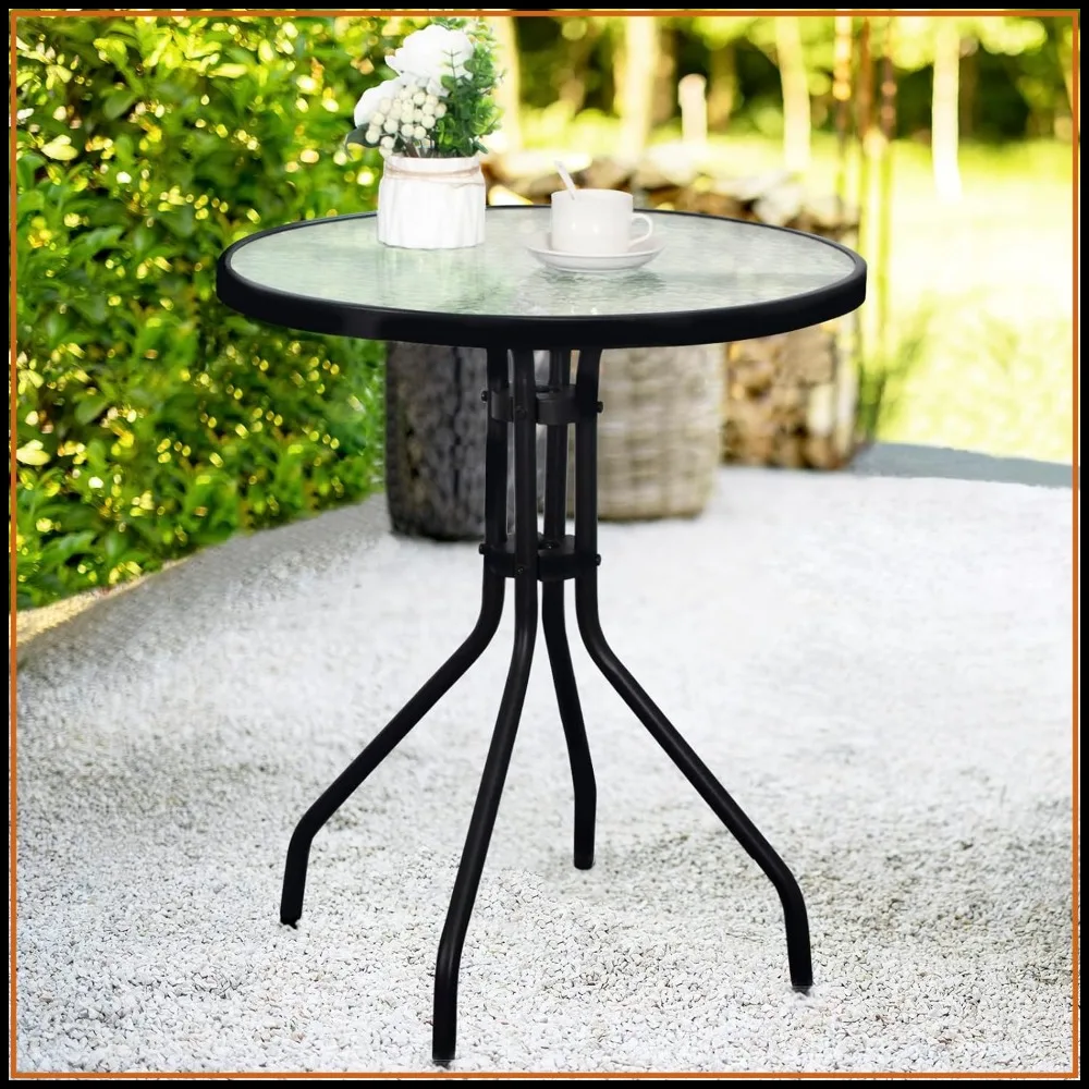 

24" Outdoor Side Table Patio Metal Round Bistro Coffee Table with Glass Top, Black