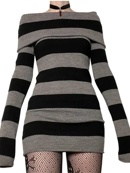 Image Women Autumn Dress Striped Boat-Neck Long Sleeve Bodycon Short Dress Y2K Gothic Wrapped Hip Party Dresses