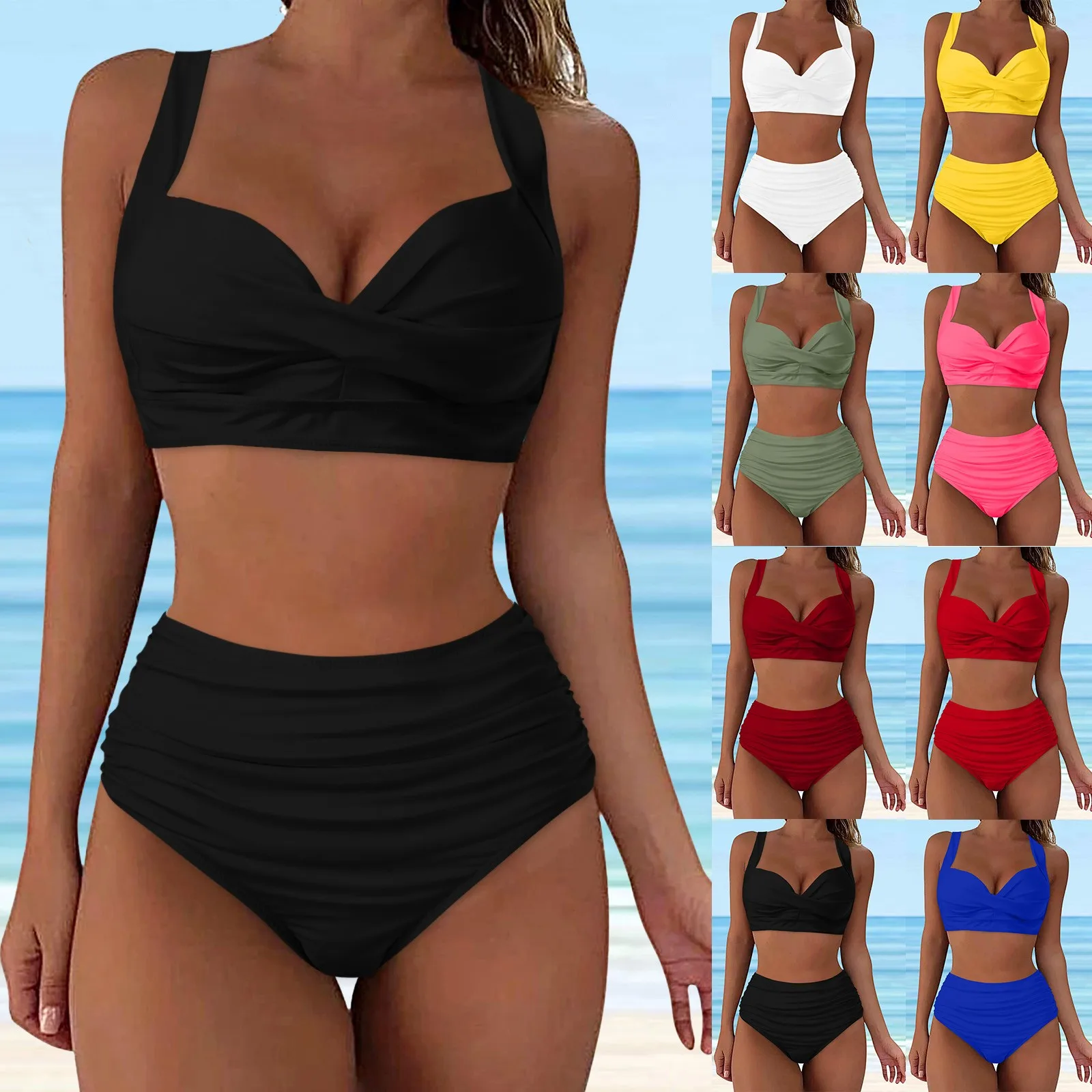 

Women High Waisted Bikini Sexy Push Up Two Piece Swimsuits Vintage Swimsuit Two Piece Retro Ruched Bikinis Sets Female Hawaii