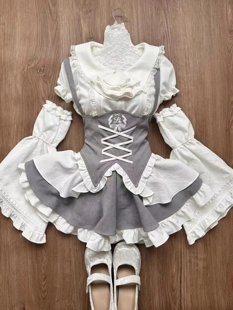 Autumn Japanese Kawaii Lolita Outfits Women Sweet Lace Patchwork Shirt Tops + Slim Bandage Strap Skirt Preppy Style Skirt Suits