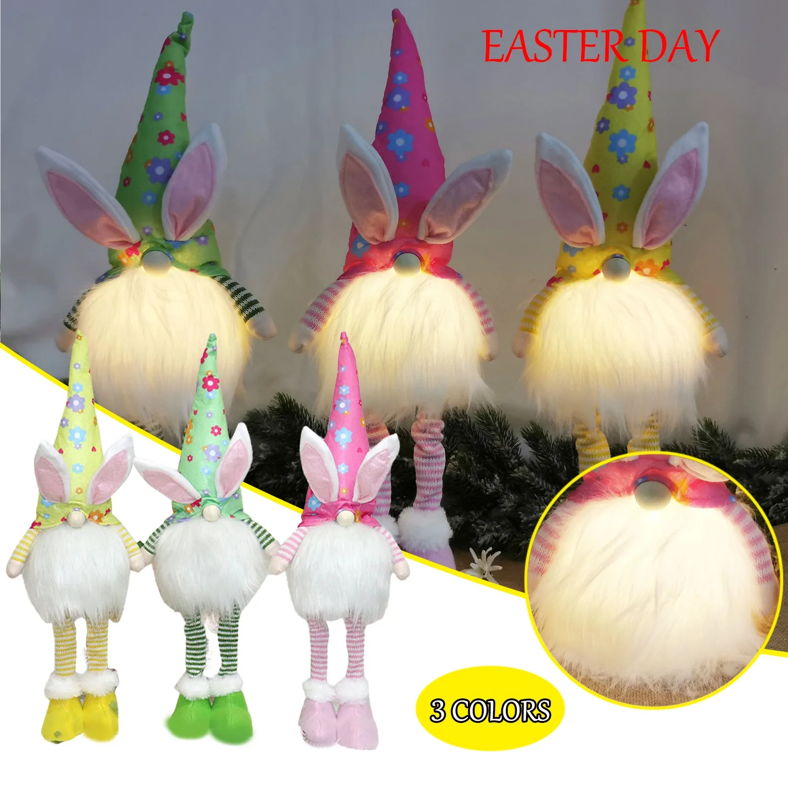 Easter LED Glowing Faceless Gnome Rabbit Doll Spring Easter Decoration for Home Bunny Ornament Kids Gift 2024 Party Supplies