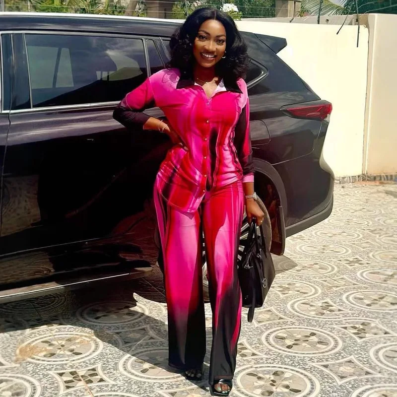 

African Women's Wear plus Size Gradient Color Long Sleeve Lapel Shirt Wide Leg Trousers European and American Fashion Casual Two