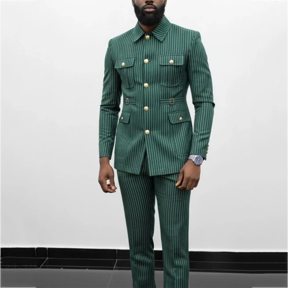 

Стильный повседневный костюм в тонкую полоску по индивидуальному заказу, плоский тонкий наряд с лацканами спереди, однобортный зеленый деловой офисный костюм