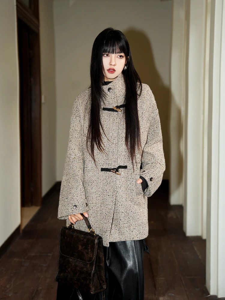 

Retro Stand Collar Single Face Woolen Cotton Jaet Women's Autumn Winter Buttoned Woolen Coat Thi Warm Straight Tube Sle