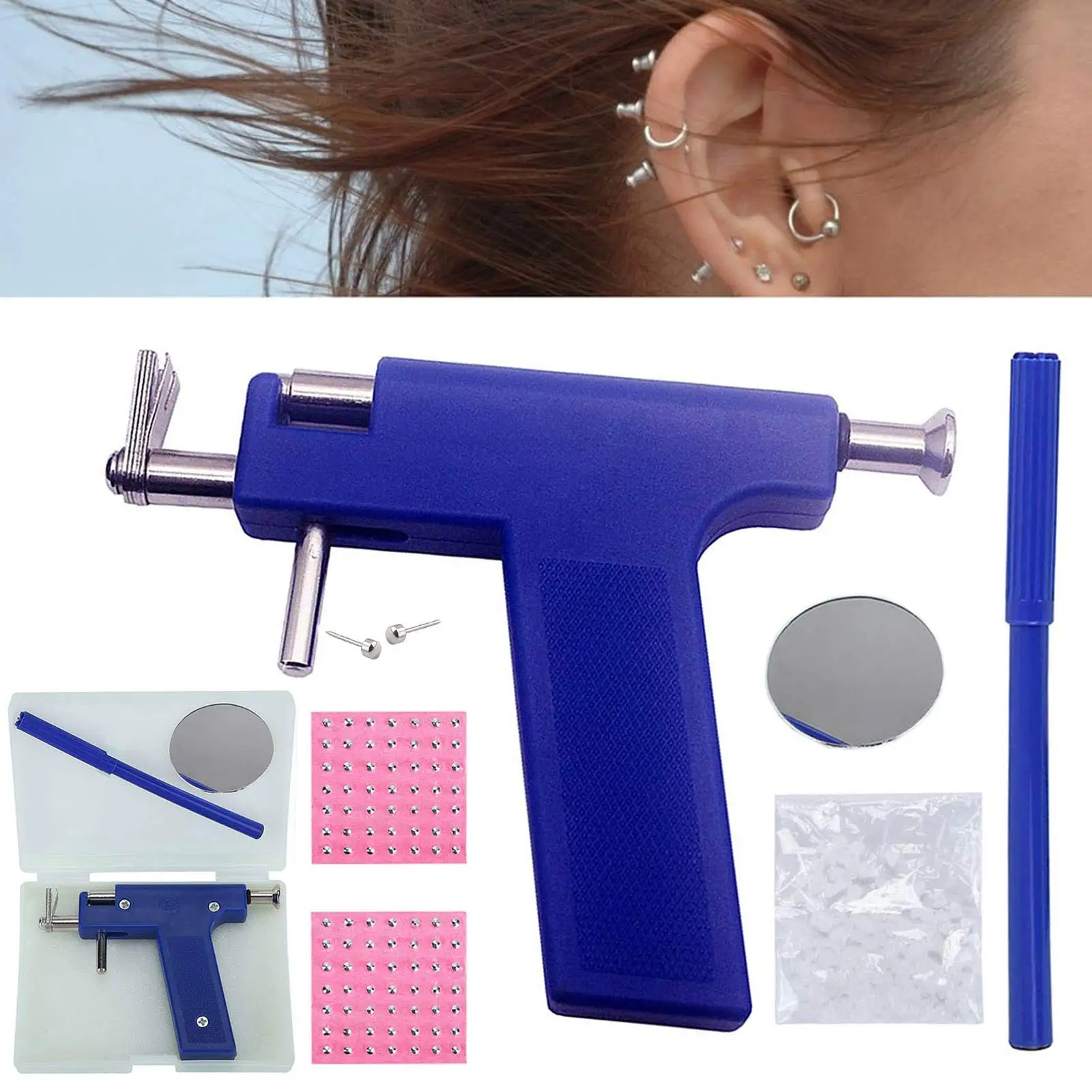 Kit de herramientas para Piercing de oreja, 98 piezas, pistola para perforar el cuerpo, la nariz, el ombligo, los labios, la lengua, pistolas de perforación para el salón, Kits de perchas para el hogar