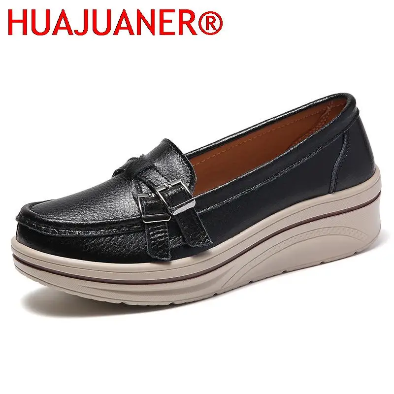 2025 Spring Autumn Women Flats Platform Loafers Ladies Leather Comfort Wedge Moccasins Orthopedic Slip On Casual Shoes plus size