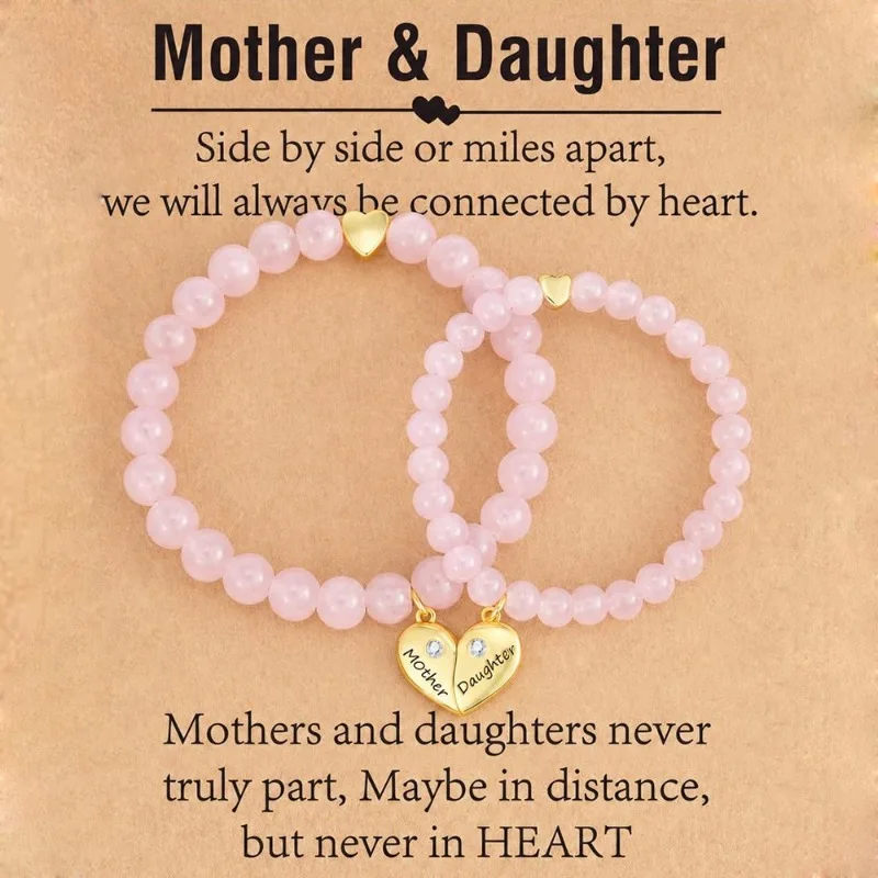 2pcs Mother Daughter Bracelets, Mother Daughter Matching Adjustable Heart Bracelets Set of 2, Gemstone Handmade Jewelry Gifts