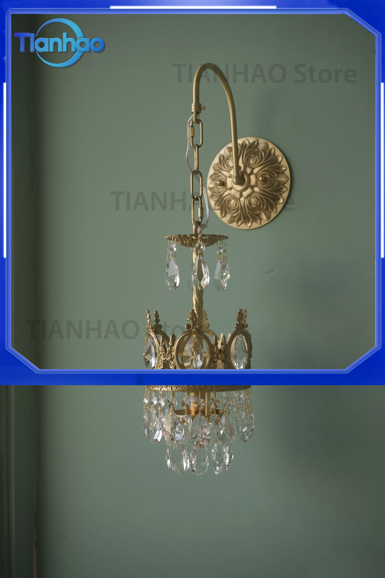 Crystal Wall Lamp for Retro All Copper Crown Style Background Wall Corridor Bedside Medieval Decor