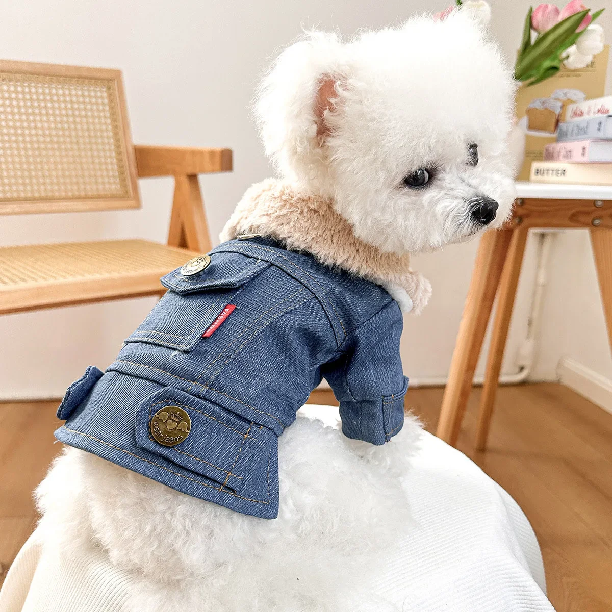 Winter New Cashmere and Thick Denim Cotton-padded Pet Clothing Can Pull Fashion Fur Collar Dog Clothes