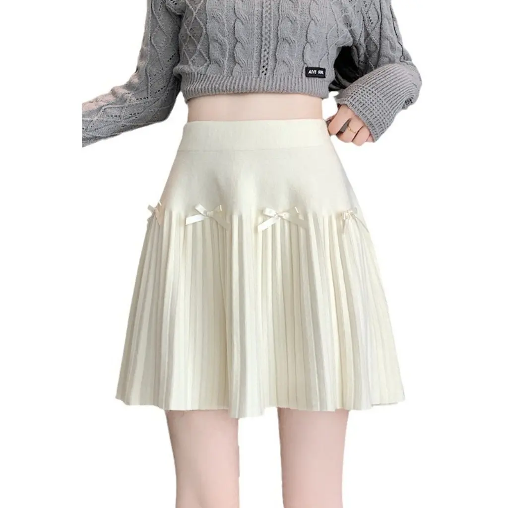 

Women's High Waist A-Line Skirt White Short Bow Knitted Pleated for Autumn Winter Seasonal Fashion Ladies' Half Skirt