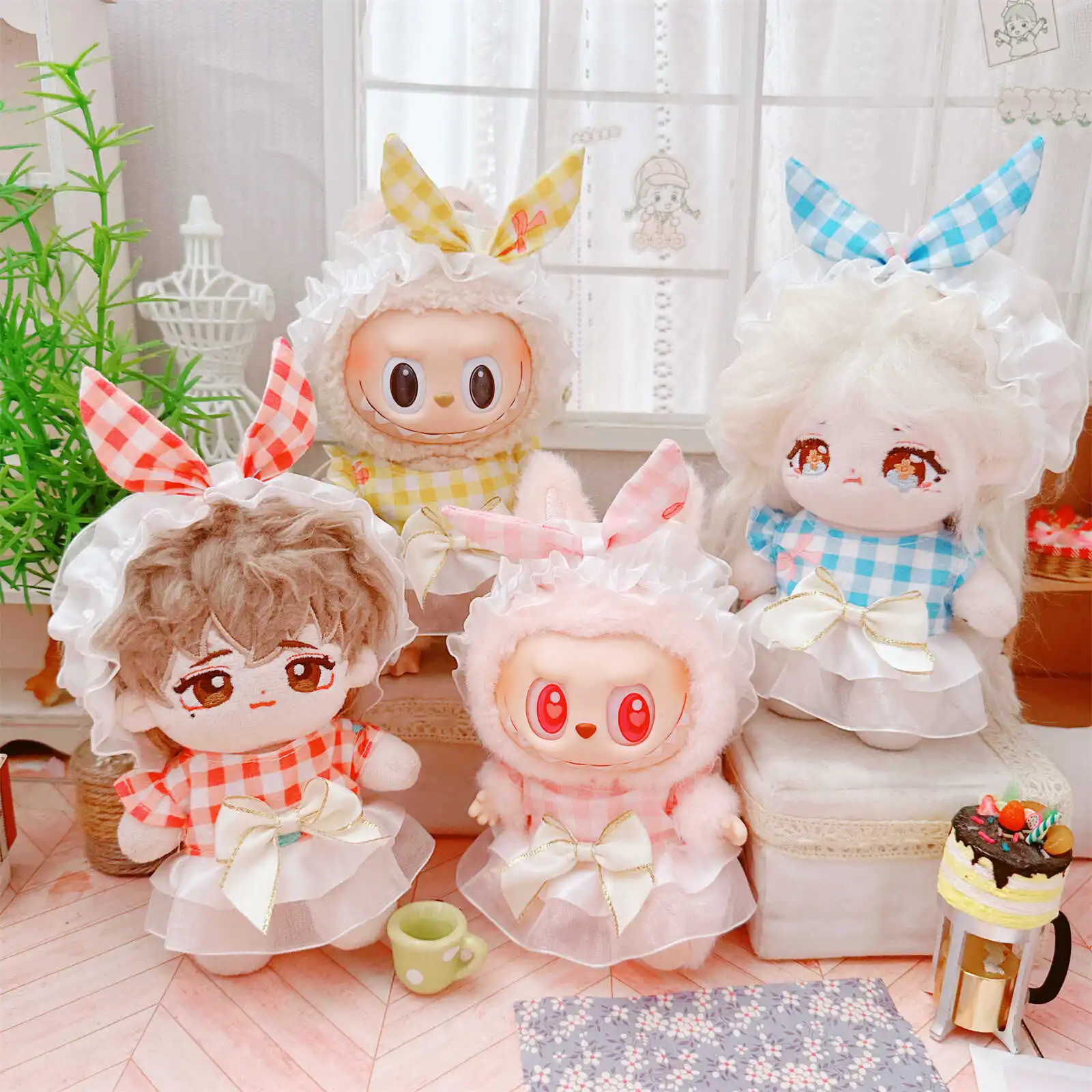 

10cm Kawaii Plush Doll Clothes Cute Bunny Lattice Bow Headband 2Pcs Suit DIY Idol Doll Changing Clothes Game Accessories Gifts