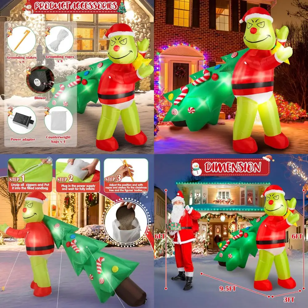 

6FT Tall Green Monster Steals Christmas Tree Inflatable, Lighted Outdoor Decoration with 6 LED Lights, Fun Lawn Ornament