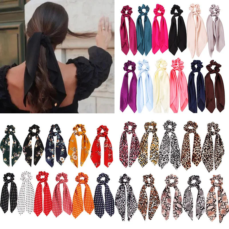 Fashion Korean Solid Color Scrunchies Long Hair Rope Hair Ties For Women Ponytail Scarf Sweet Elastic Hair Band Hair Accessories